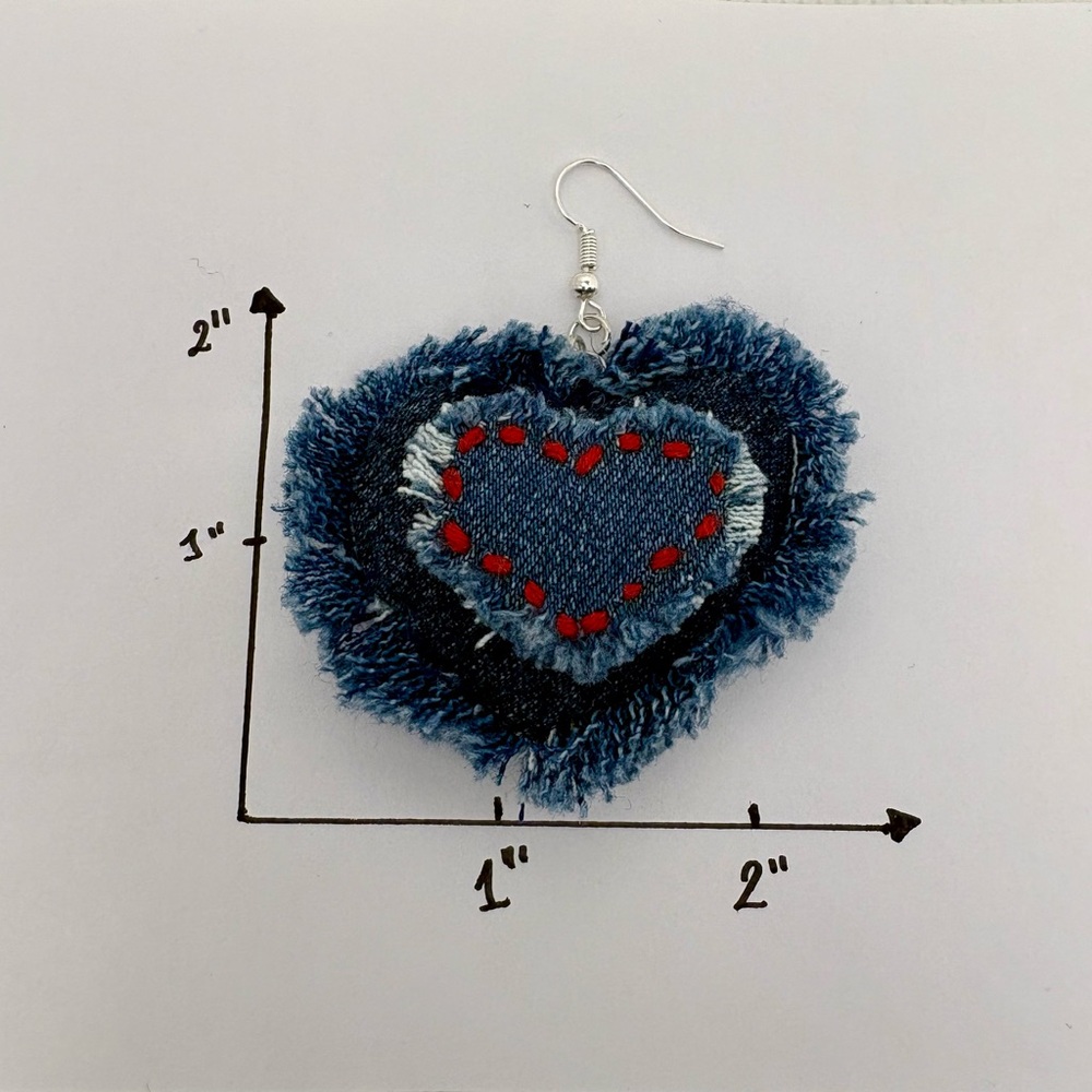 Denim Heart Earrings Handcrafted Embroidered Silver Tone Hypoallergenic - Picture 5 of 5